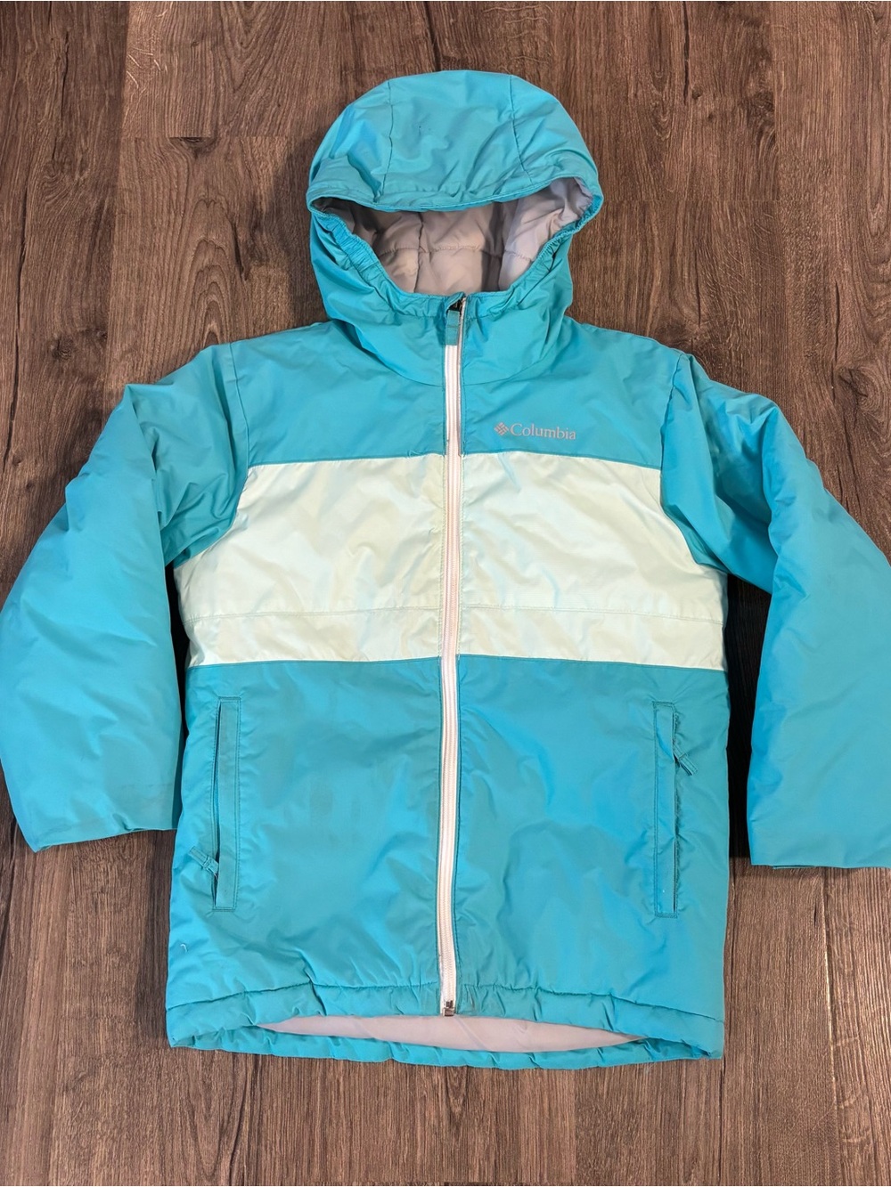 Columbia Youth Teal & Light Aqua Hooded Puffer Jacket size Small (8)